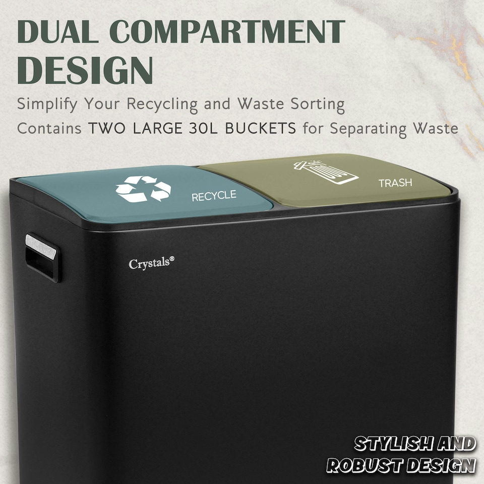 image 1 of Kitchen Rubbish Recycling Pedal Bin 60L Dual 2 Waste Compartment Black Black