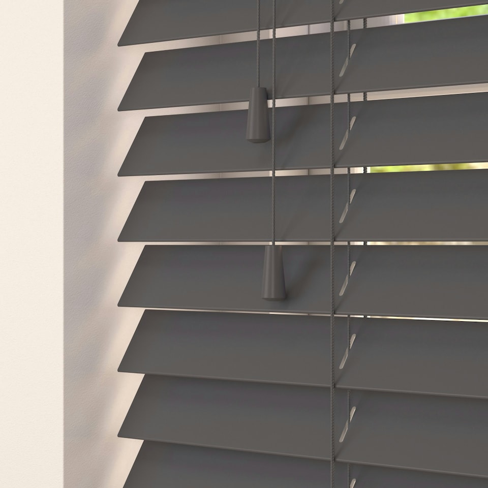 image 1 of 140cm Slate Smooth Finish Faux Wood Venetian Blinds with Strings (120cm Drop) | Grey | Grey