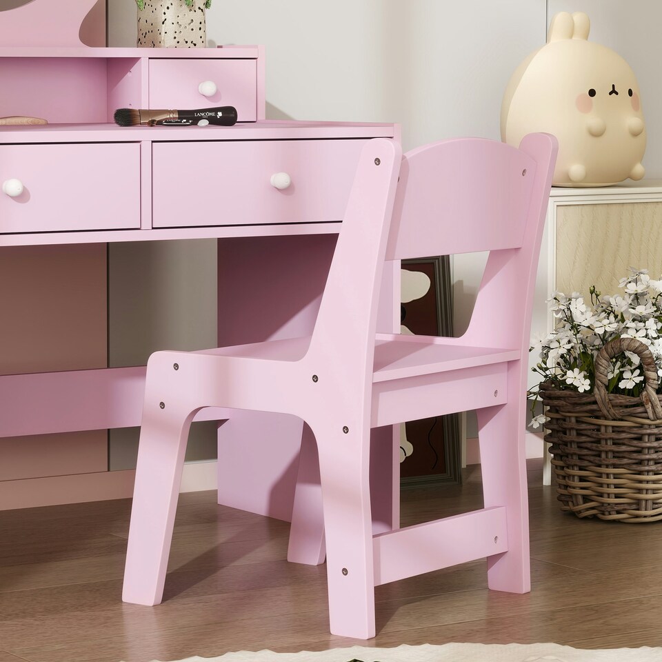 image 1 of AIYAPLAY Kids Dressing Table Set w/ Stool, Mirror, Drawers - Pink