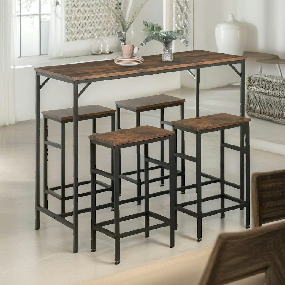 image 1 of Industrial Dining Table And 4 Stools Set Rustic Brown Brown