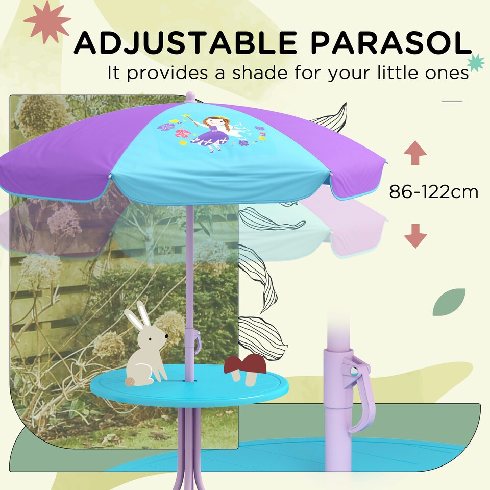 image 1 of Outsunny Kids Bistro Table and Chair Set w/ Fairy Theme, Adjustable Parasol