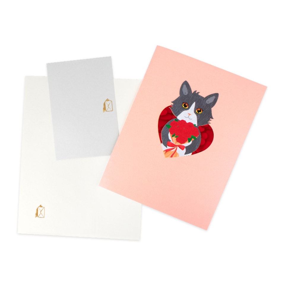 image 1 of Cat with Red Roses 3D Pop Up Valentine’s Day Card