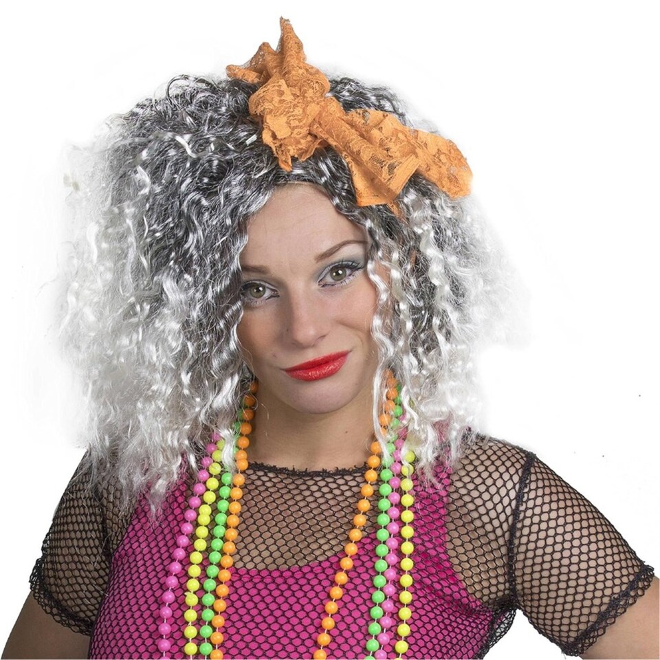 image 1 of 80s Pop Diva Wig with Orange Bow | Orange | One Size
