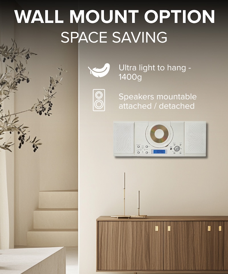 image 1 of CD Player with Speakers - HiFi System for Home with Radio, USB, MP3, Clock Alarm & Remote - Compact Stereo System with Wall Mount Design - Small CD Players for Home - GTMC-101