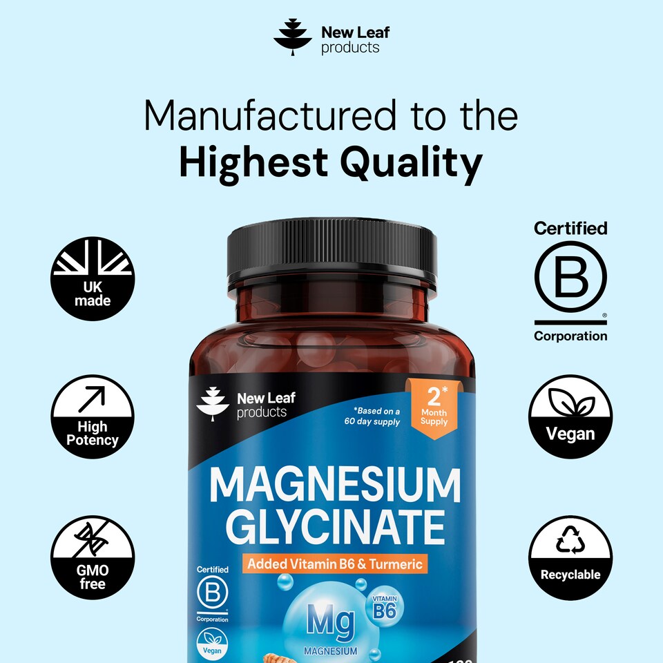 image 1 of New Leaf Magnesium Glycinate + Vitamin B6 & Turmeric - 120 Capsules