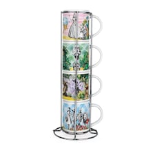 Wizard of Oz Stacking Mugs Set - Dorothy Glinda Emerald City Gift - Set of 4 Ceramic Cups Set with Metal Stand | White