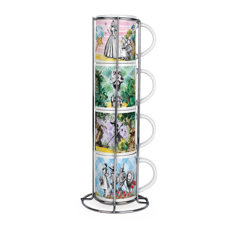 image 1 of Wizard of Oz Stacking Mugs Set - Dorothy Glinda Emerald City Gift - Set of 4 Ceramic Cups Set with Metal Stand | White