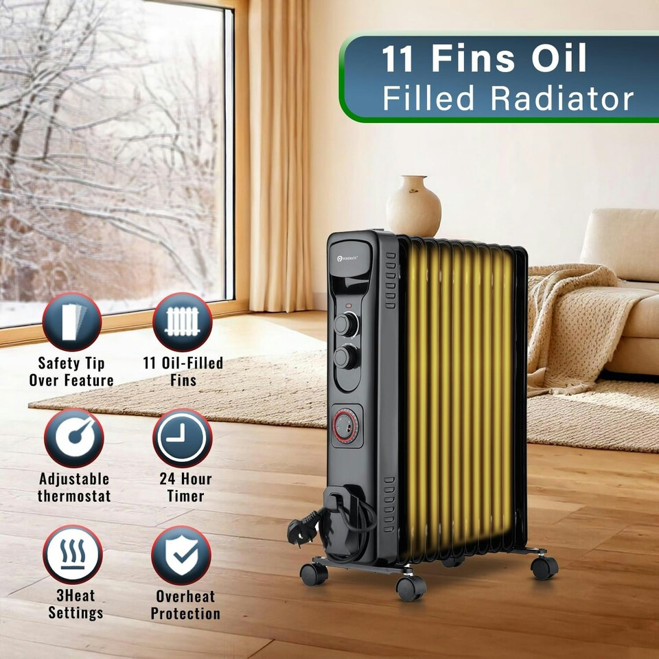 image 1 of PureMate 2500W Oil Filled Radiator, 11 Fin Portable Electric Heater with Adjustable Thermostat, 24hr Timer & 3 Heat Settings
