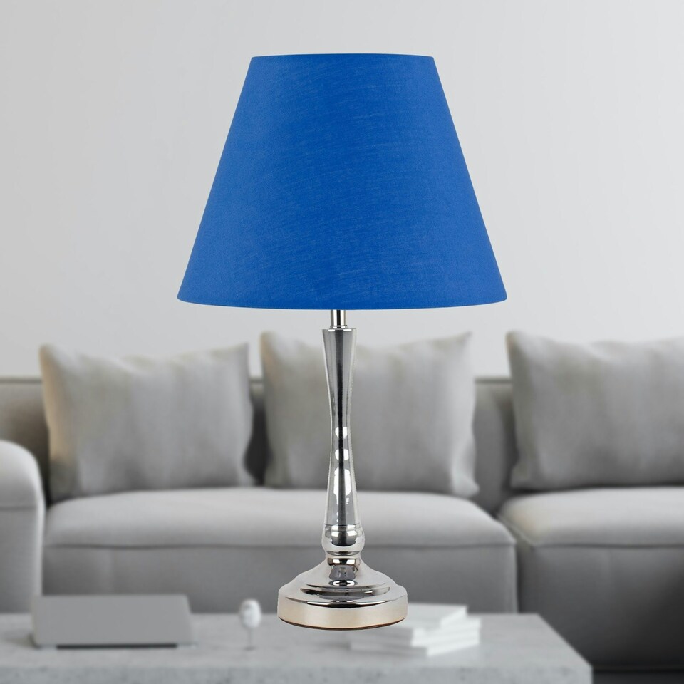 image 1 of Set of 2 Chrome Table Lamps with Stem Detail and Royal Blue Shades Chrome | Blue