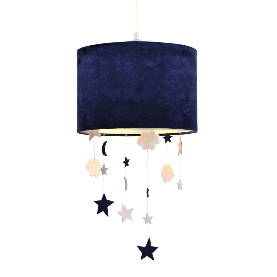 image 1 of Soft Midnight Blue Velvet Pendant Lamp Shade with Hanging Felt Stars and Clouds | Blue | 12"