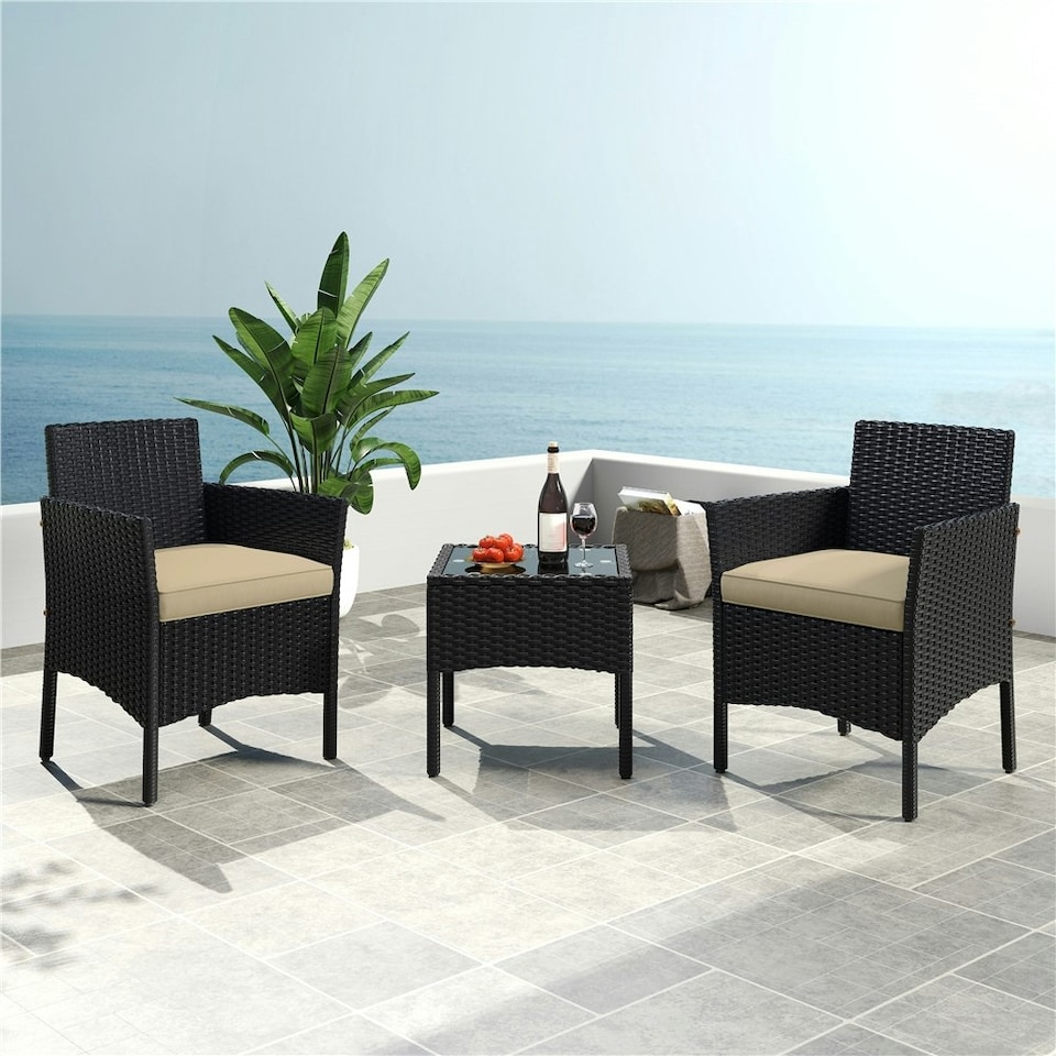 image 1 of Yaheetech Outdoor Wicker Patio Conversation Furniture Set Black/Khaki