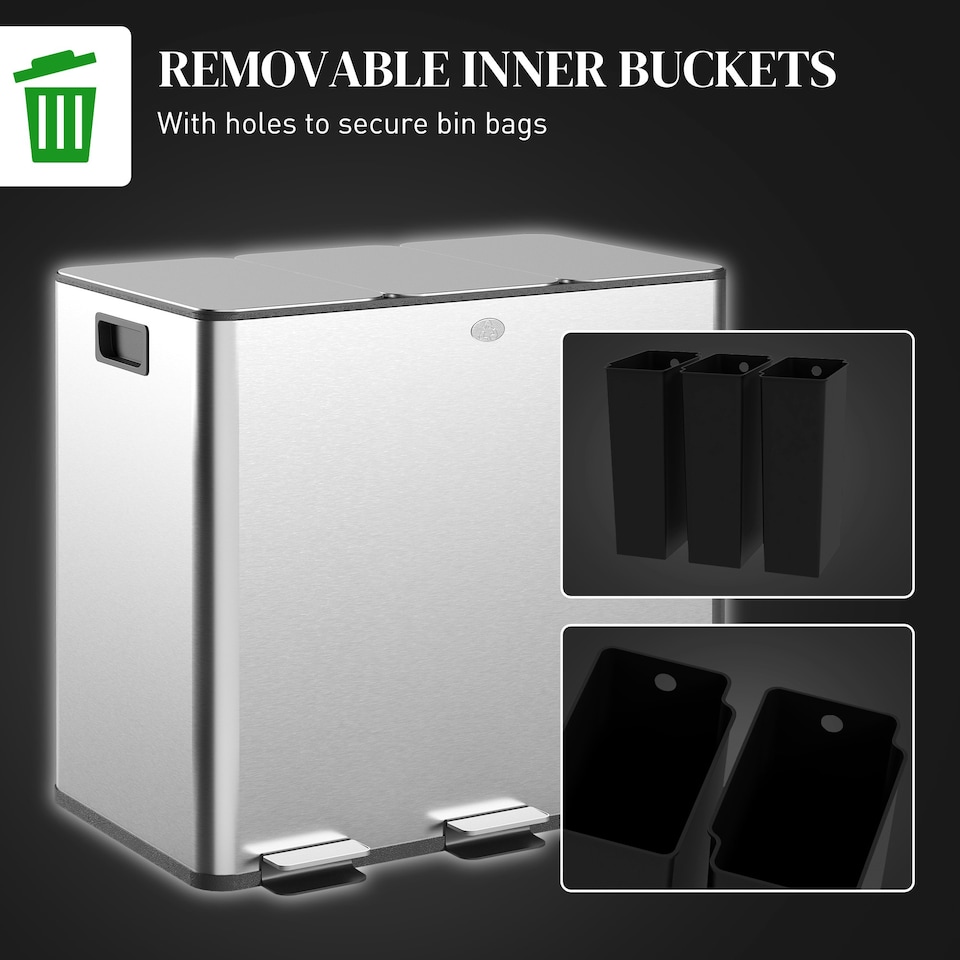 image 1 of HOMCOM 3 x 15L Triple Kitchen Bin Pedal Bin for Recycling and Waste Silver | 45L