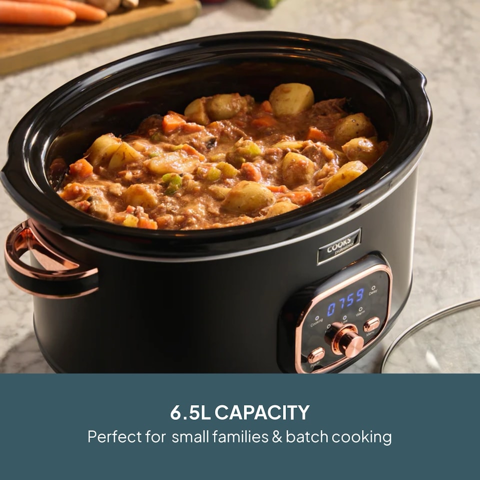 image 1 of Cooks Professional 6.5L Digital Slow Cooker with Lid, Removable Bowl & 3 Heat Settings | Black | Black & Copper