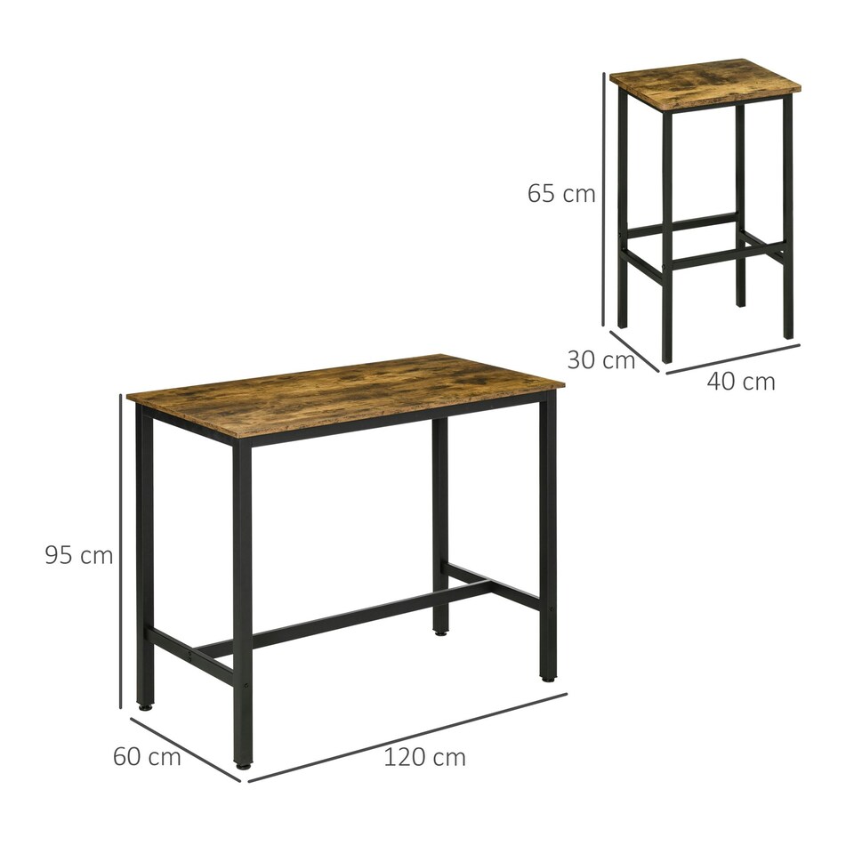 image 1 of HOMCOM 3-Piece Industrial Bar Table Set, Table and 2 Chairs Rustic Brown