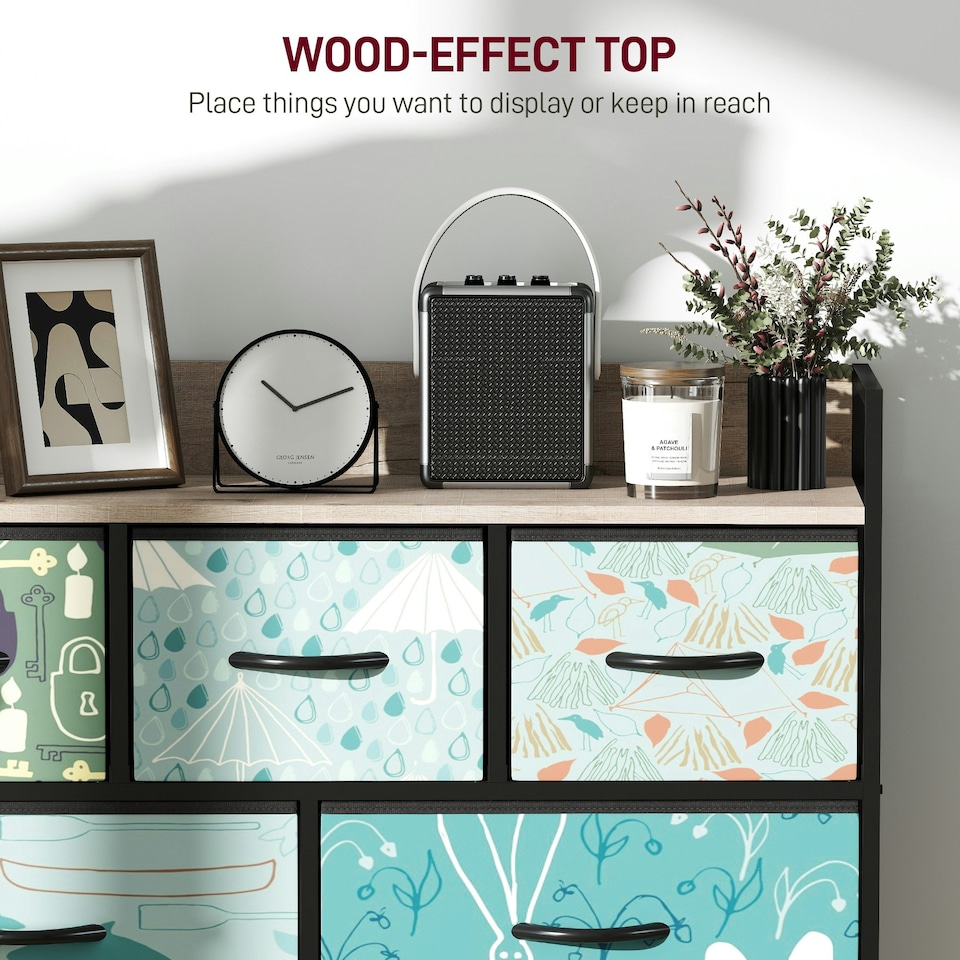 image 1 of HOMCOM 7-Drawer Chest of Drawers, Fabric Dresser with Open Shelf, Blue | Blue | Black frame, Brown wood-effect top | One Size | 1