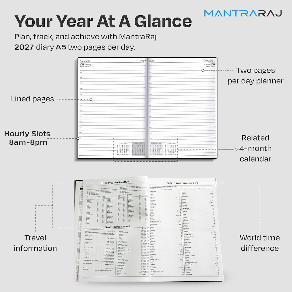 image 1 of MantraRaj 2027 Diary A5 2 Pages A Day Diary Hardback Year Planner Office Desk Diary (Blue)
