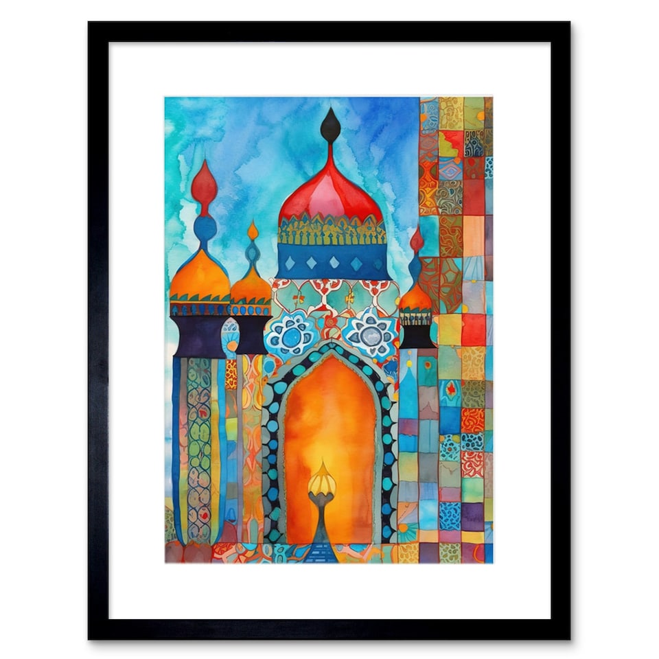 image 1 of Abstract Islamic Mosque Entrance Prayer Folk Art 9x7" Black Framed Wall Art Print