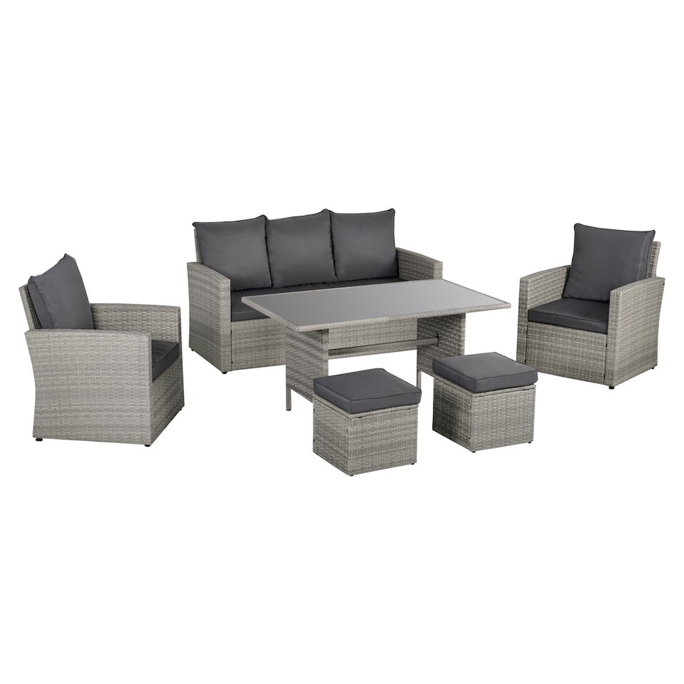 image 1 of Outsunny 6 Pieces Rattan Garden Furniture Set, 7 Seater Wicker Garden Sofa Set with Glass Top Dining Table, Armchairs and Footstools, Outdoor Furniture with Cushions for Patio, Mixed Grey