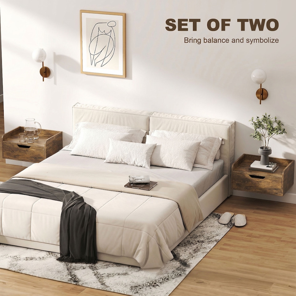 image 1 of HOMCOM Floating Nightstands Set of 2, Nightstand with Drawer | Brown | Natural wood | 40W x 30D x 19.5H cm