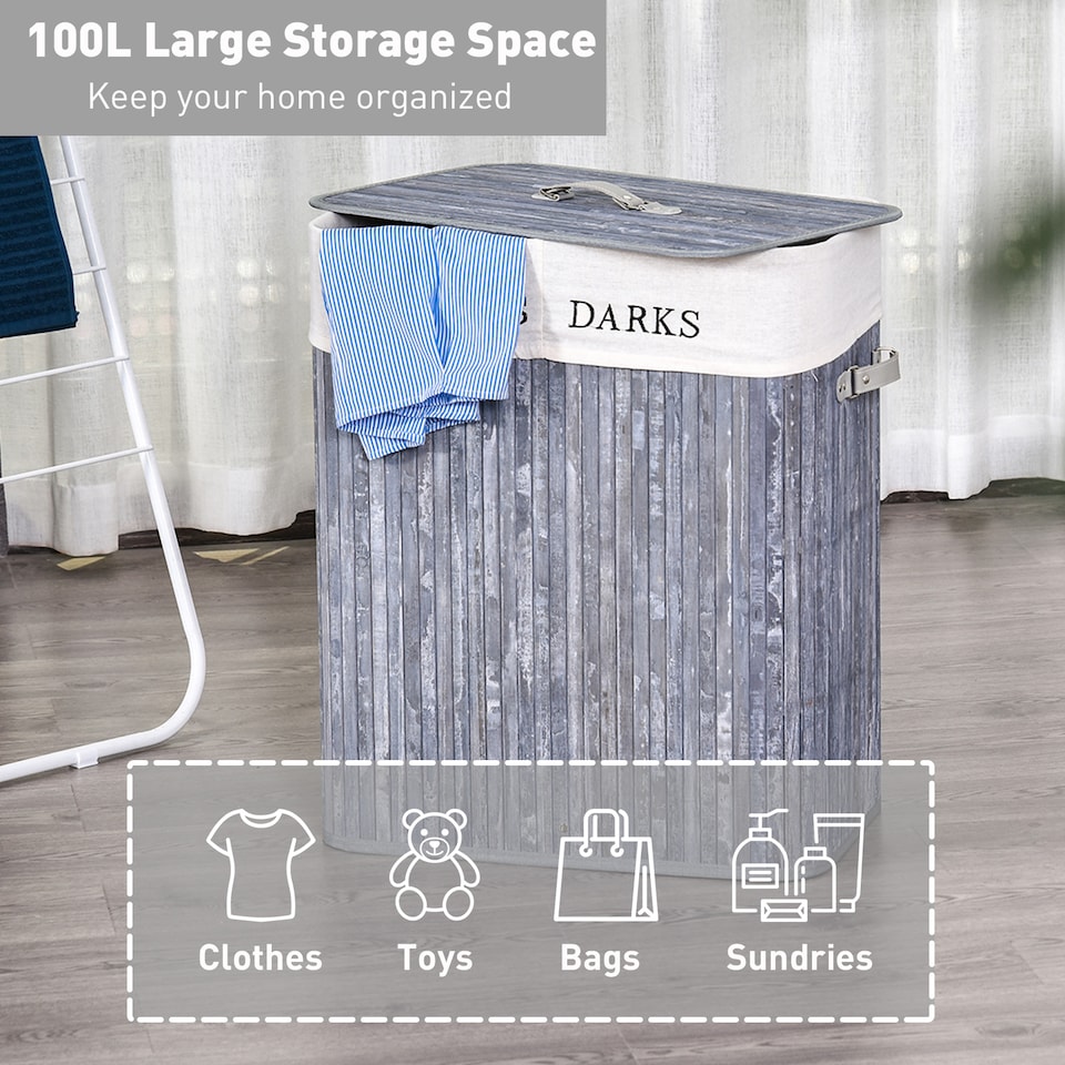 image 1 of HOMCOM 100L Collapsible Natural Wood  Laundry Hamper Organizer Clothes Washing Basket Bin Storage Box w Lid Removable Lining 52x32x63cm, Grey