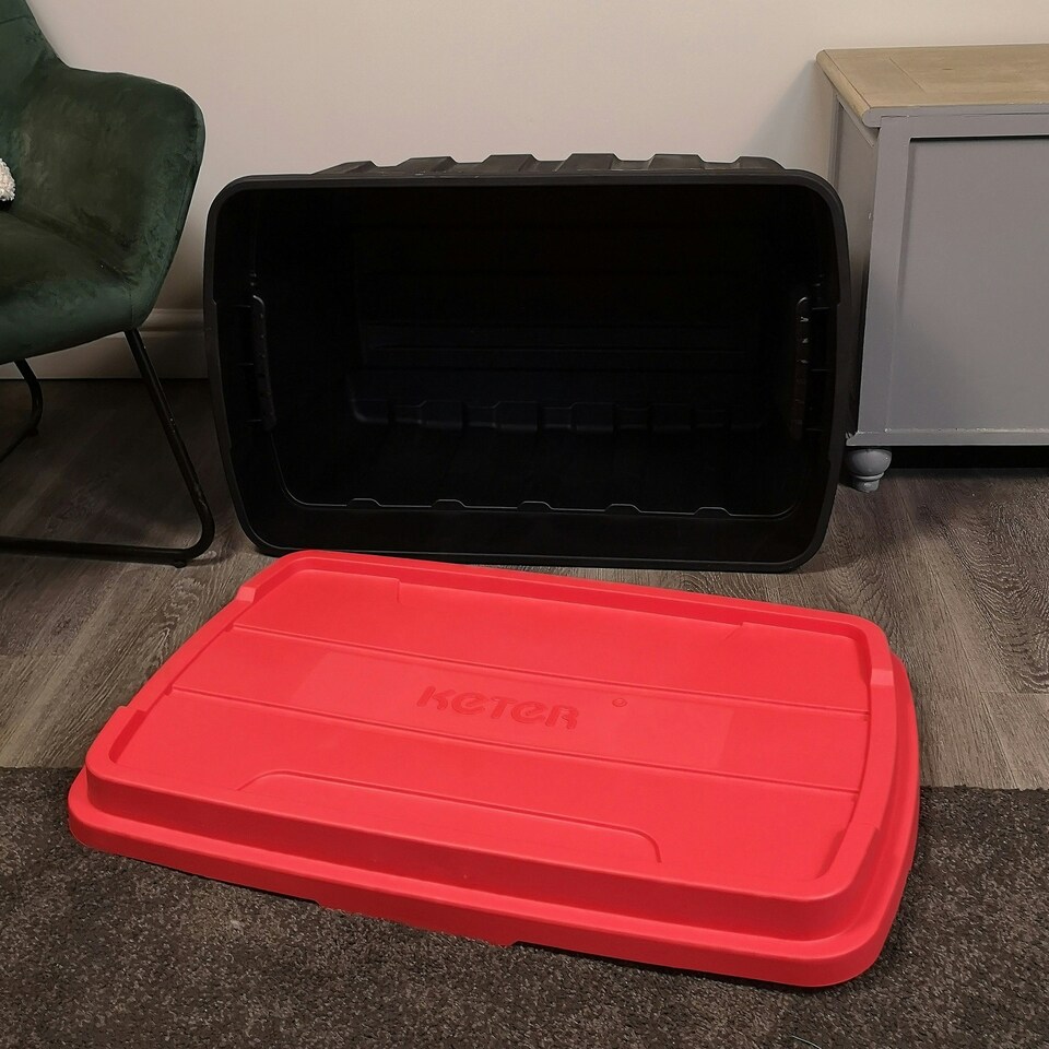image 1 of 140L Black and Red Tuff Stackable Storage Box with Lid and Carry Handles Black
