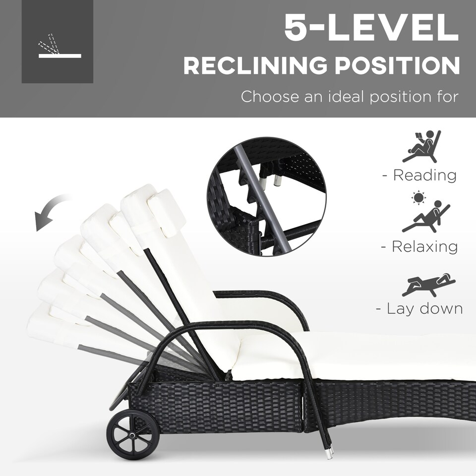 image 1 of Outsunny Rattan Sun Loungers for Garden Set of 2 with Side Table, Garden Recliner Sunbeds with Adjustable Back, Wheels, Cushions and Headrest, 3 Pieces Garden Furniture Set for Outdoor, Patio, Black