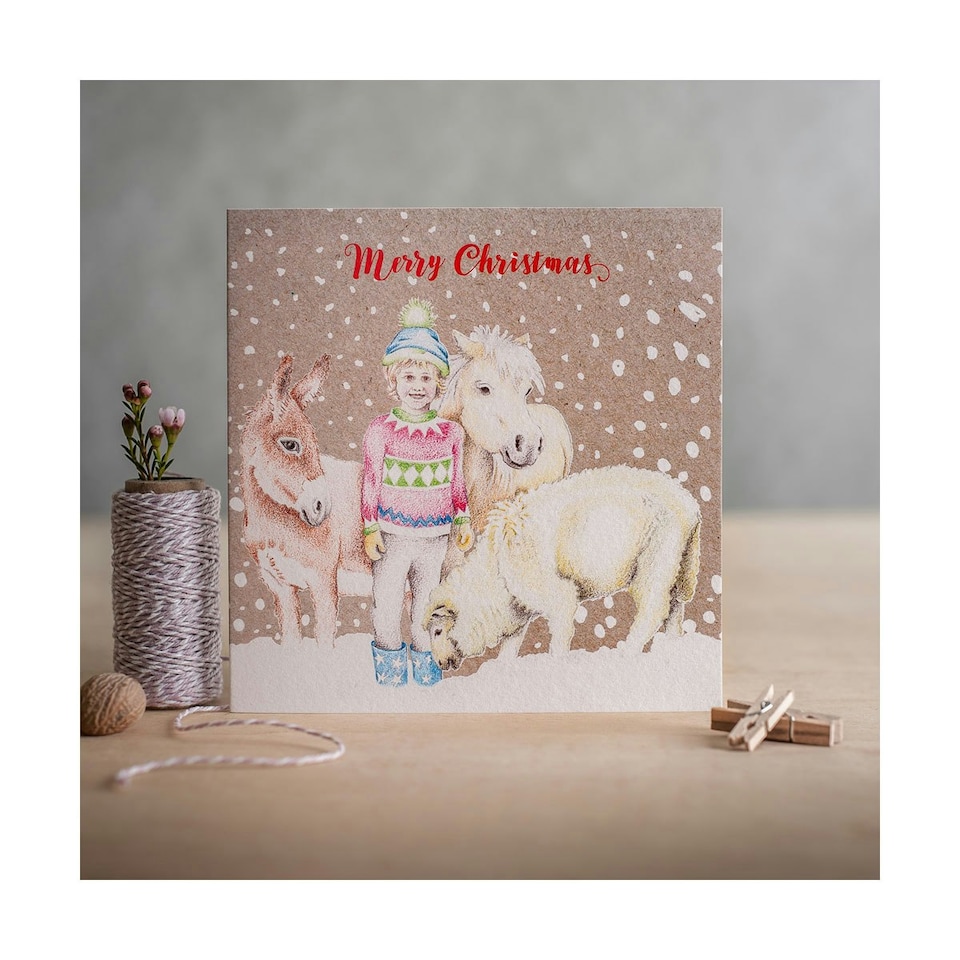 Deckled Edge Christmas Card - Merry Christmas - Child and Animals (Bronze) - One Size