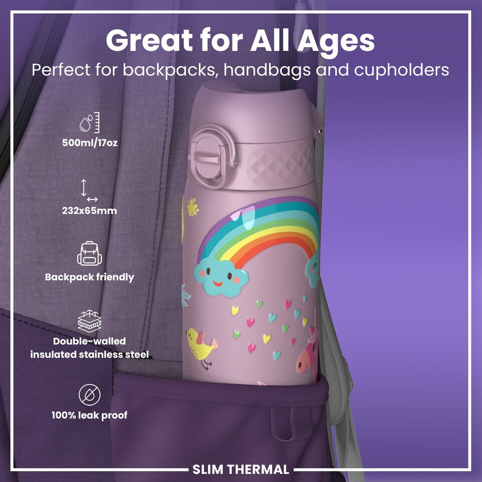 image 1 of Leak Proof Slim Water Bottle, Vacuum Insulated, 500ml (17oz) | Pink | Unicorn | One Size