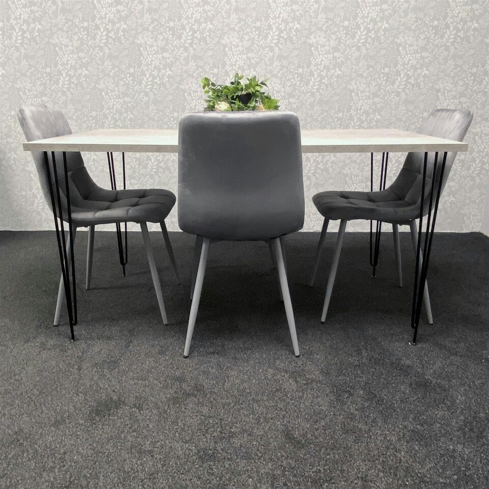 image 1 of Grey Dining Table with Hairpin Legs & 4 Grey Velvet Chairs Set for Kitchen & Dining Room Grey