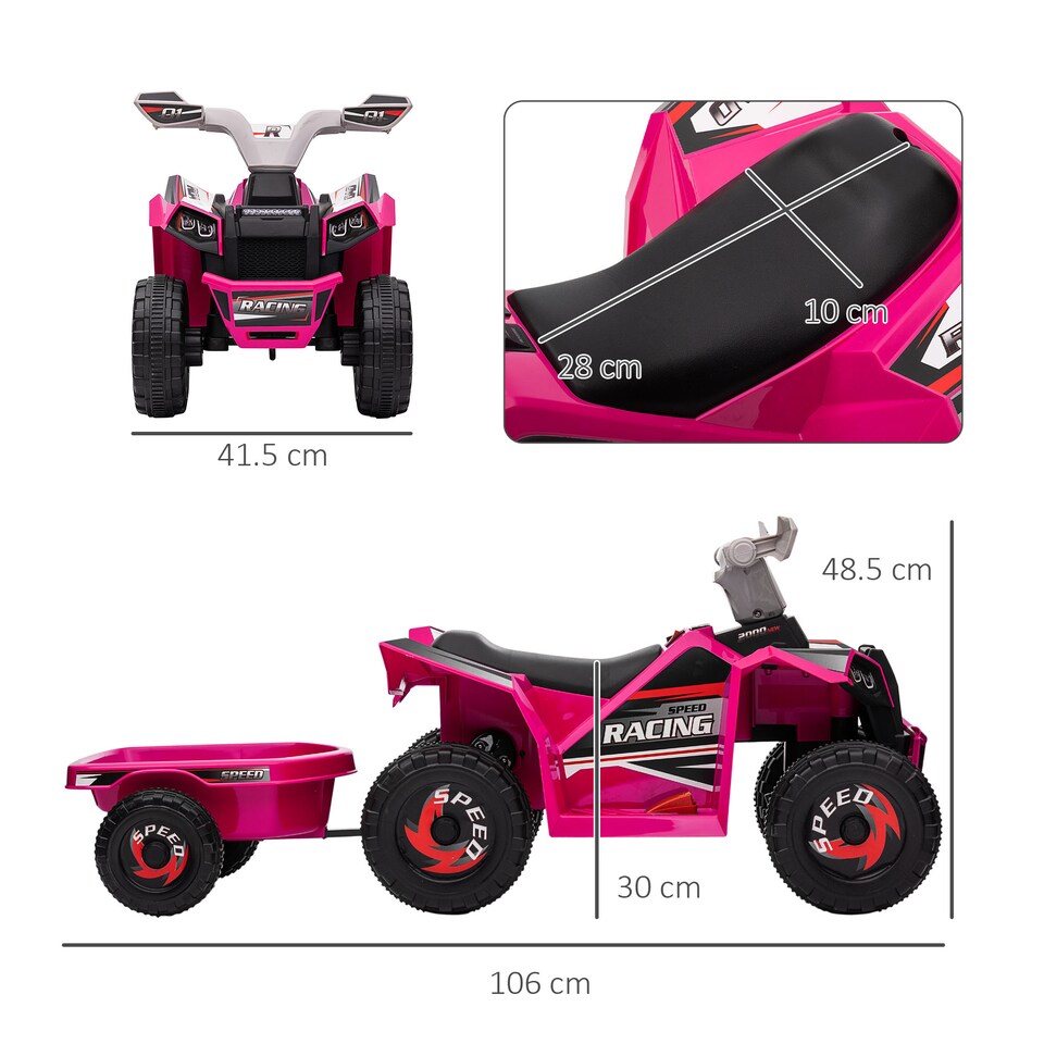 image 1 of HOMCOM Electric Quad Bike, 6V Kids Ride On All-Terrain with Back Trailer for Ages 18-36 Months - Pink