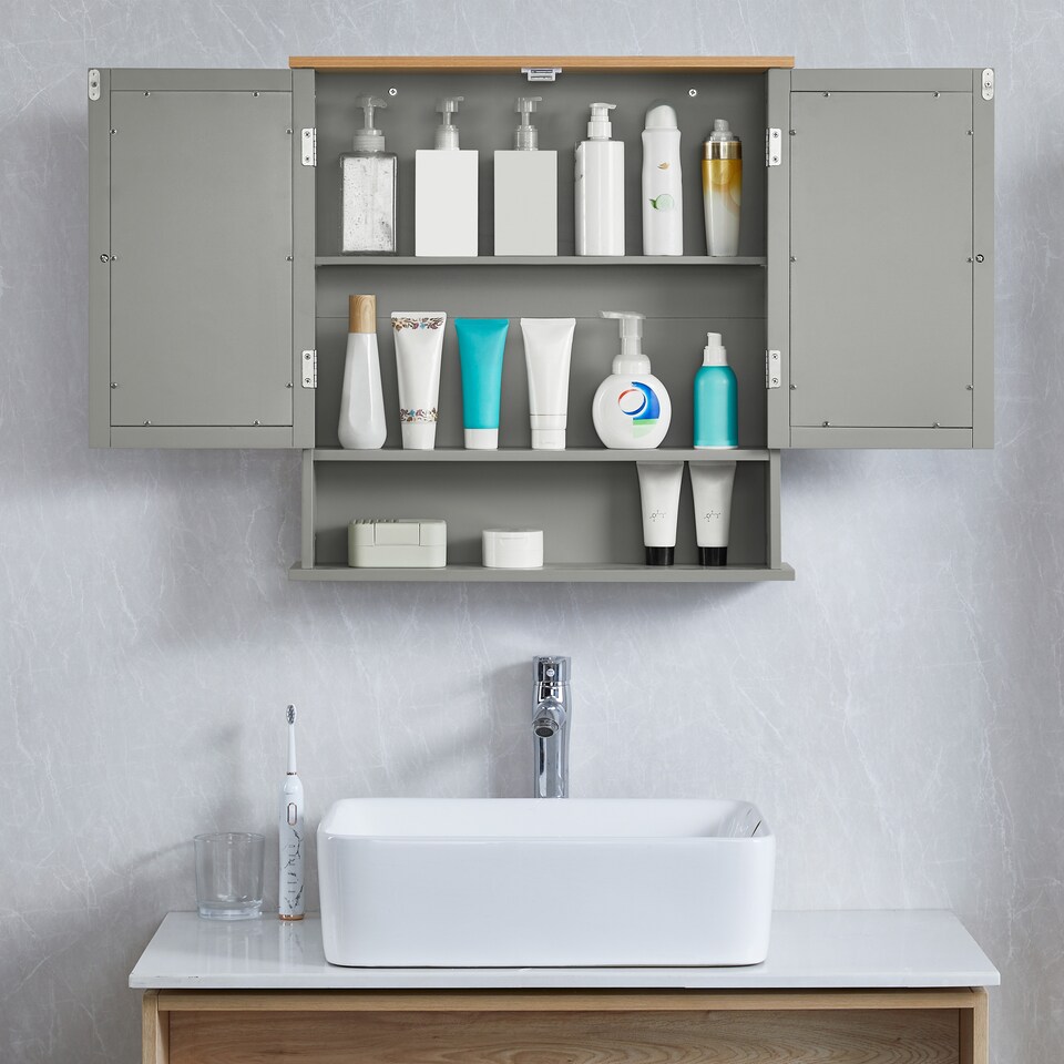 image 1 of Bath Vida Priano 2 Door Mirrored Wall Mounted Bathroom Cabinet With Shelf, Grey & Oak | Grey | Grey & Oak | 1