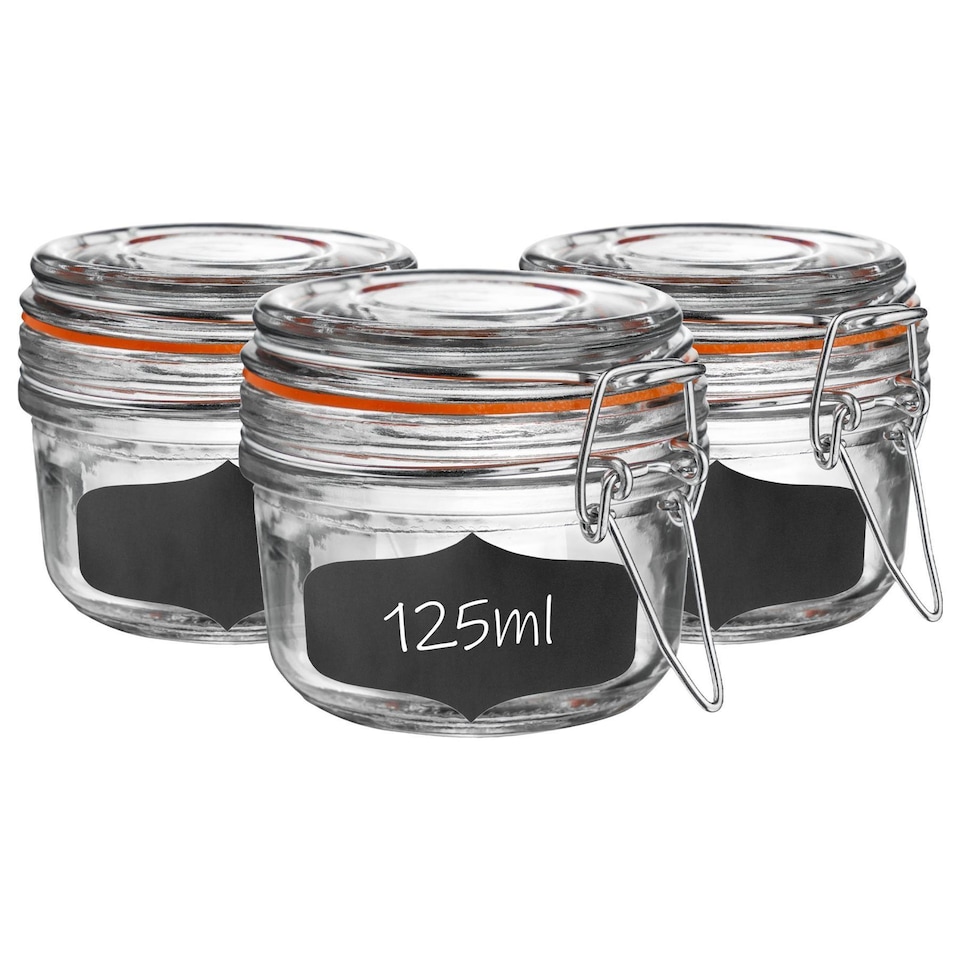 image 1 of Argon Tableware 6x Glass Storage Jar & Labels Set - 125ml - 4 Colour Seals Airtight Kitchen Storage Container Preserving Jar