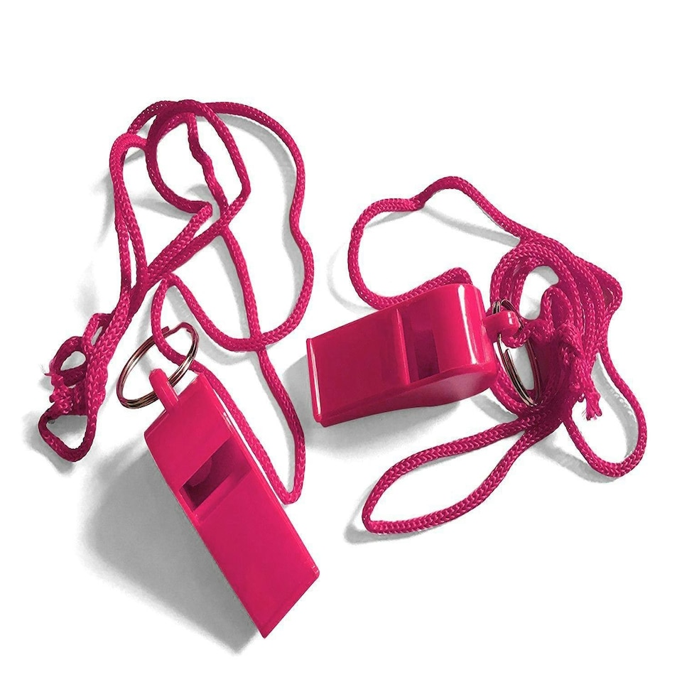 image 1 of Bag of 100 Pink Plastic Whistles with Lanyard Neck Cord