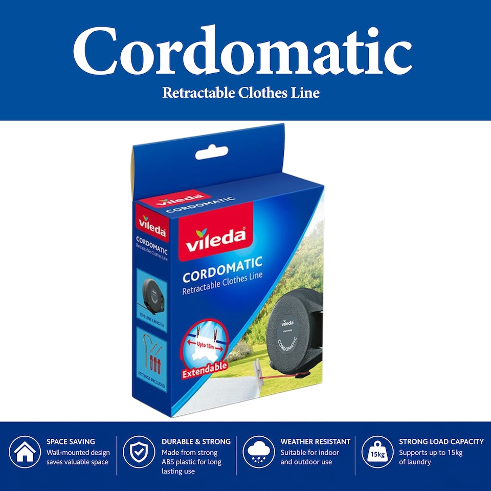 image 1 of Vileda Cordomatic Retractable Clothes Line Indoor Outdoor Washing Line 15m