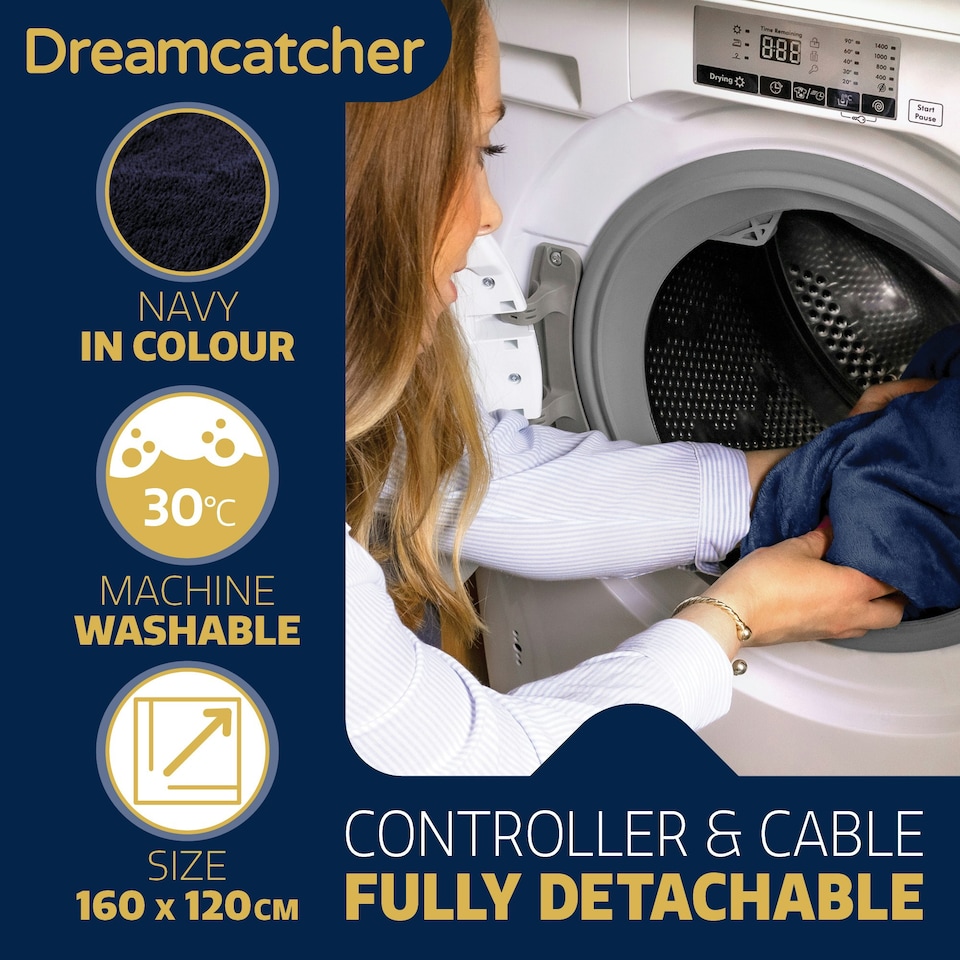 image 1 of Dreamcatcher Navy Blue Soft Microfleece & Sherpa Electric Blanket Heated Throw 160x120cm | Blue | Blue | One Size | 1