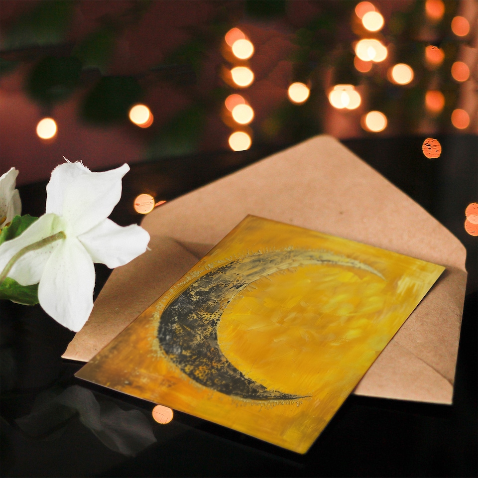 image 1 of Greeting Card Crescent Moon Orange Gold Moonlight Tassels Birthday