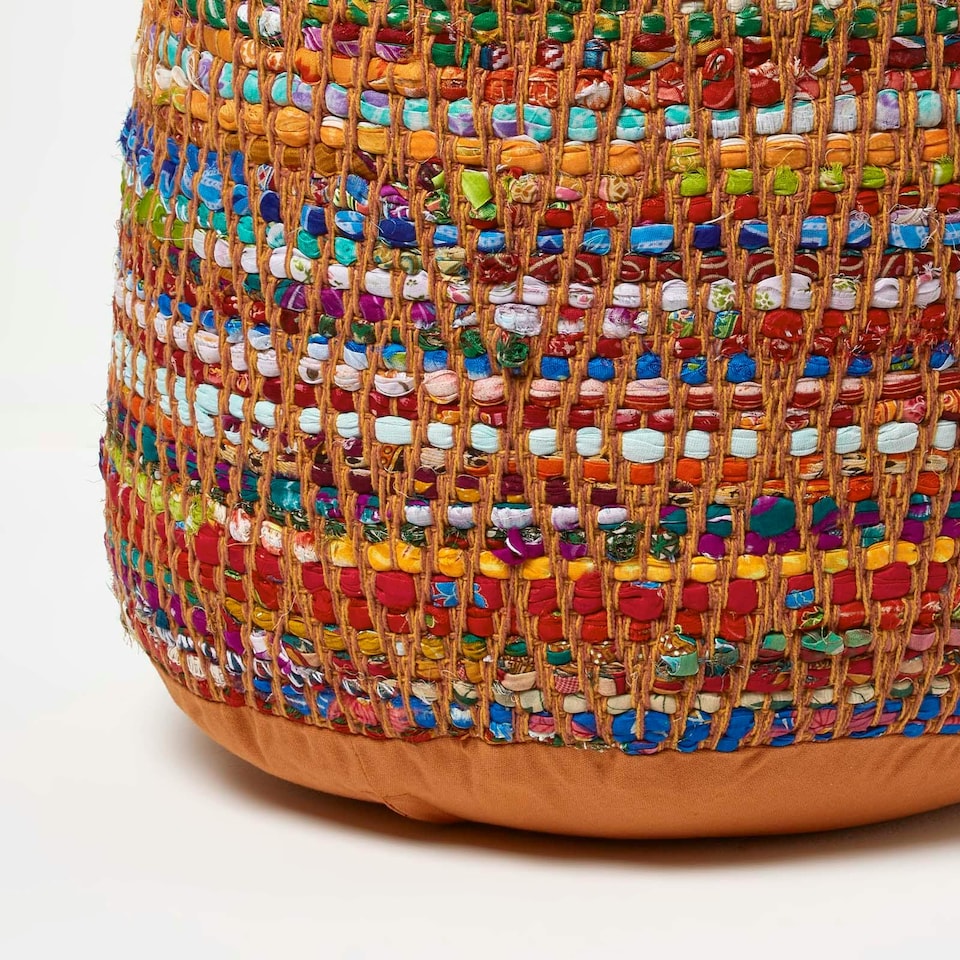 image 1 of Homescapes Red and Multi-Colour Chindi Design Circular Bean Filled Pouffe | Multi | 45 x 40 cm