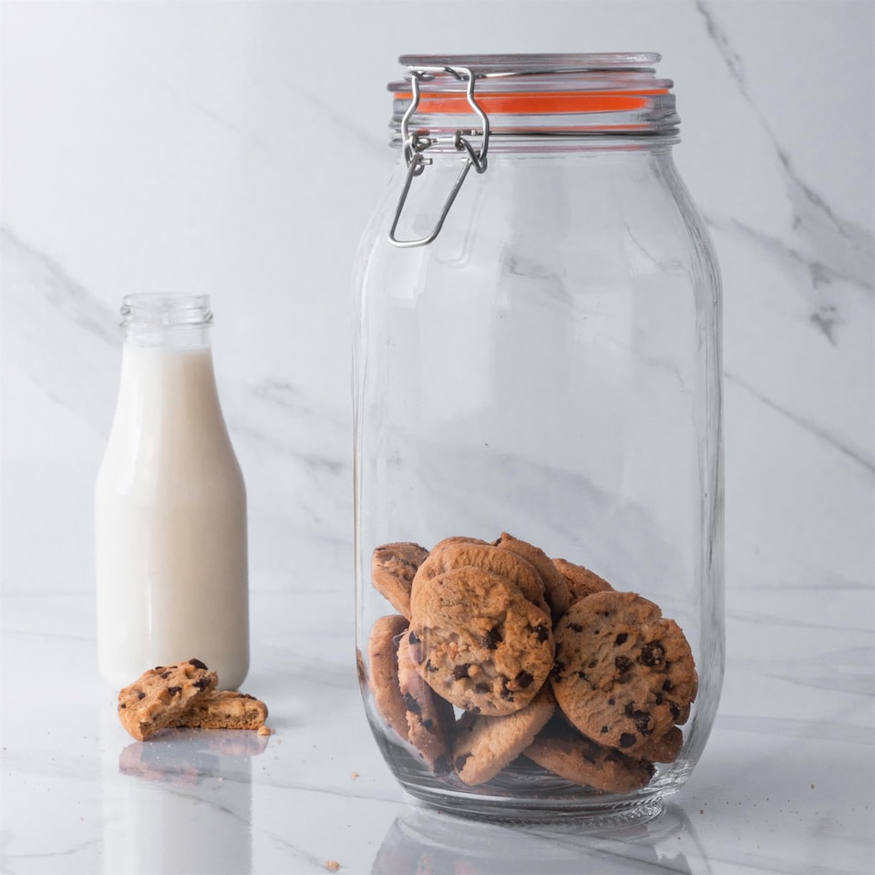 image 1 of Argon Tableware 6x Glass Storage Jars & Labels Set - 2 Litre - 4 Colour Seals Airtight Kitchen Storage Container Preserving Jar