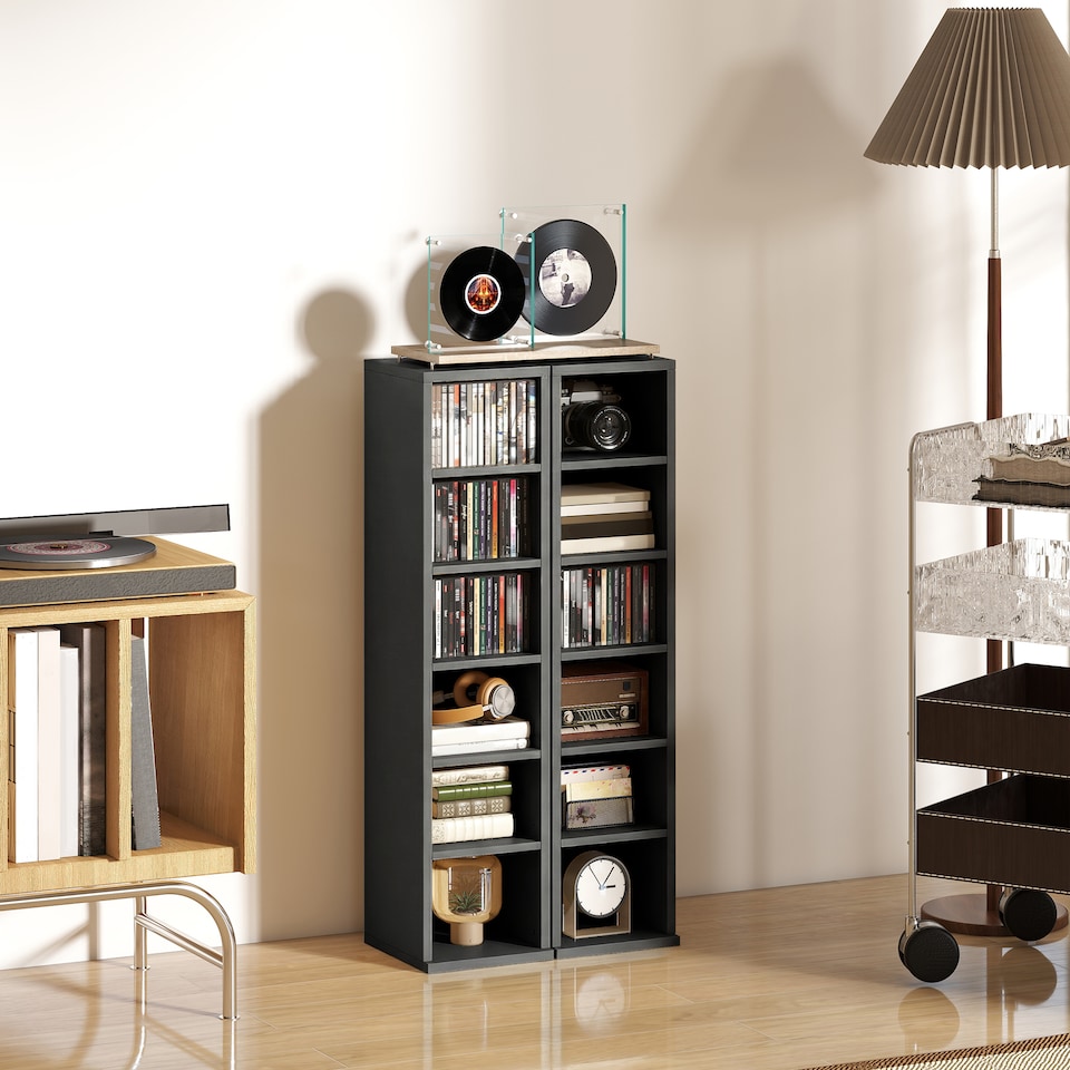 image 1 of HOMCOM Set of 2 CD Storage Units DVD Shelf with Adjustable Shelves, Black | Black | Black | 21W x 22.5D x 88.5H cm