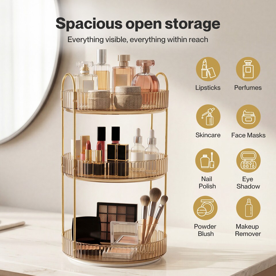 image 1 of ilus Makeup Organiser 360 Rotating Spinning 3 Tiers Cosmetic Organizer | Gold | Gold
