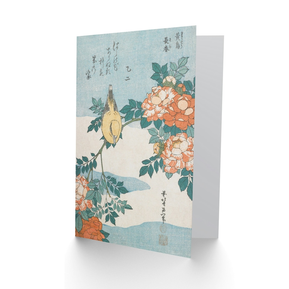 image 1 of Katsushika Hokusai Japanese Art Card Bush Warbler And Roses