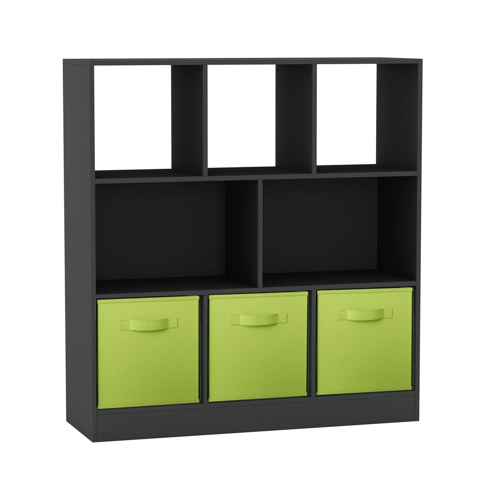 Asymmetrical 8 Black Cube Bookcase Shelf Storage Unit with 3 Fabric Drawer Inserts Multi Black & Green Drawer 1