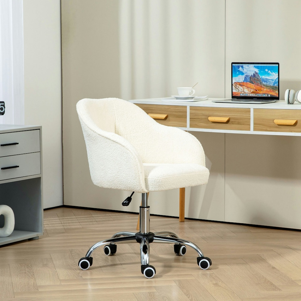 image 1 of HOMCOM Fluffy Vanity Chair for Desk, with Height Adjustable, Wheels, Cream
