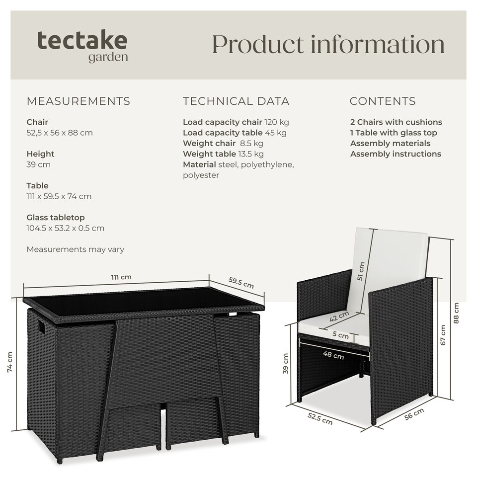 image 1 of Garden Furniture Set Lausanne - 2 chairs, 1 table, bistro set, weather resistant | Black | black | 52,50 x 56 x 88 cm | 1