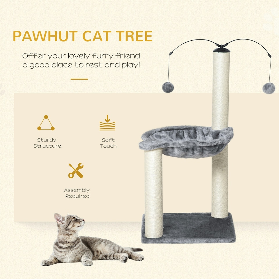 image 1 of PawHut 83cm Cat Tree Tower with Sisal Scratching Post Hammock Toy Grey
