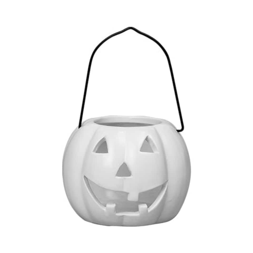 White Halloween Pumpkin Tea Light Candle Holder with Handle 10cm