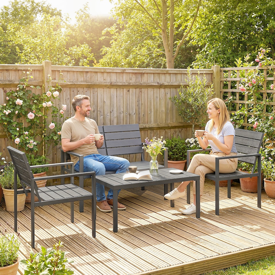 image 1 of Outsunny 4 Piece Garden Furniture Set, HDPE Metal Outdoor Sofa, Dark Grey | Grey | Dark Grey | Four Seater