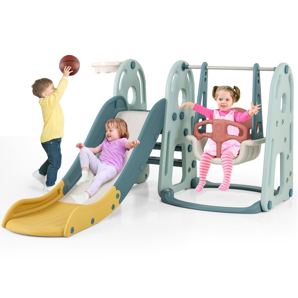 image 1 of COSTWAY 4-in-1 Kids Slide and Swing Set Freestanding Baby Slide Playset