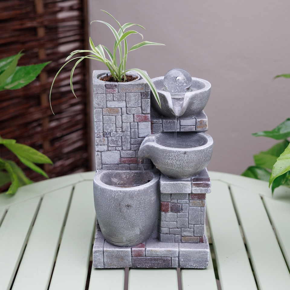 image 1 of Rustic Cascading Bowls Tabletop Water Feature With Sphere & LED Lights