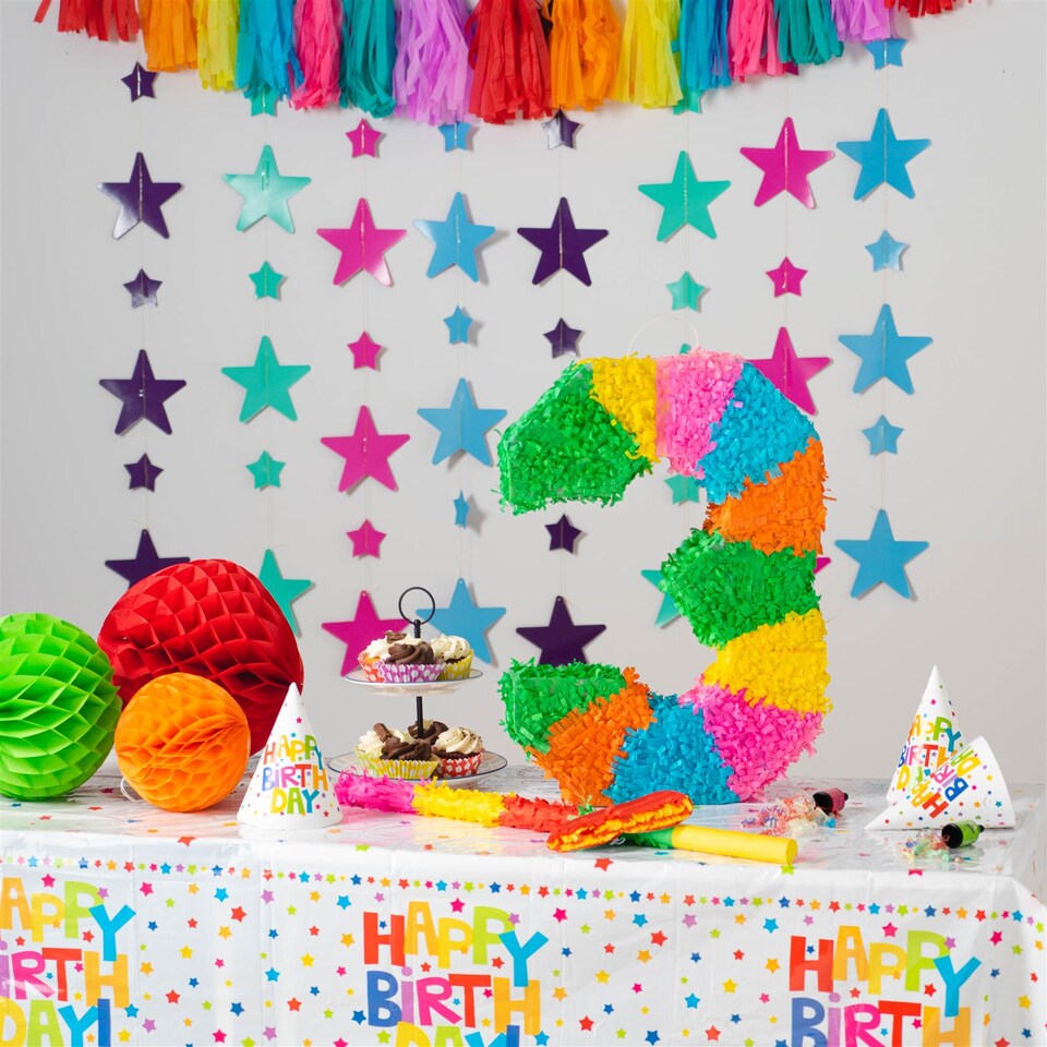 image 1 of Pinatas Number 3 Cardboard Pinata, Stick and Blindfold Set - W35cm x D7.5cm x H50cm - Multi
